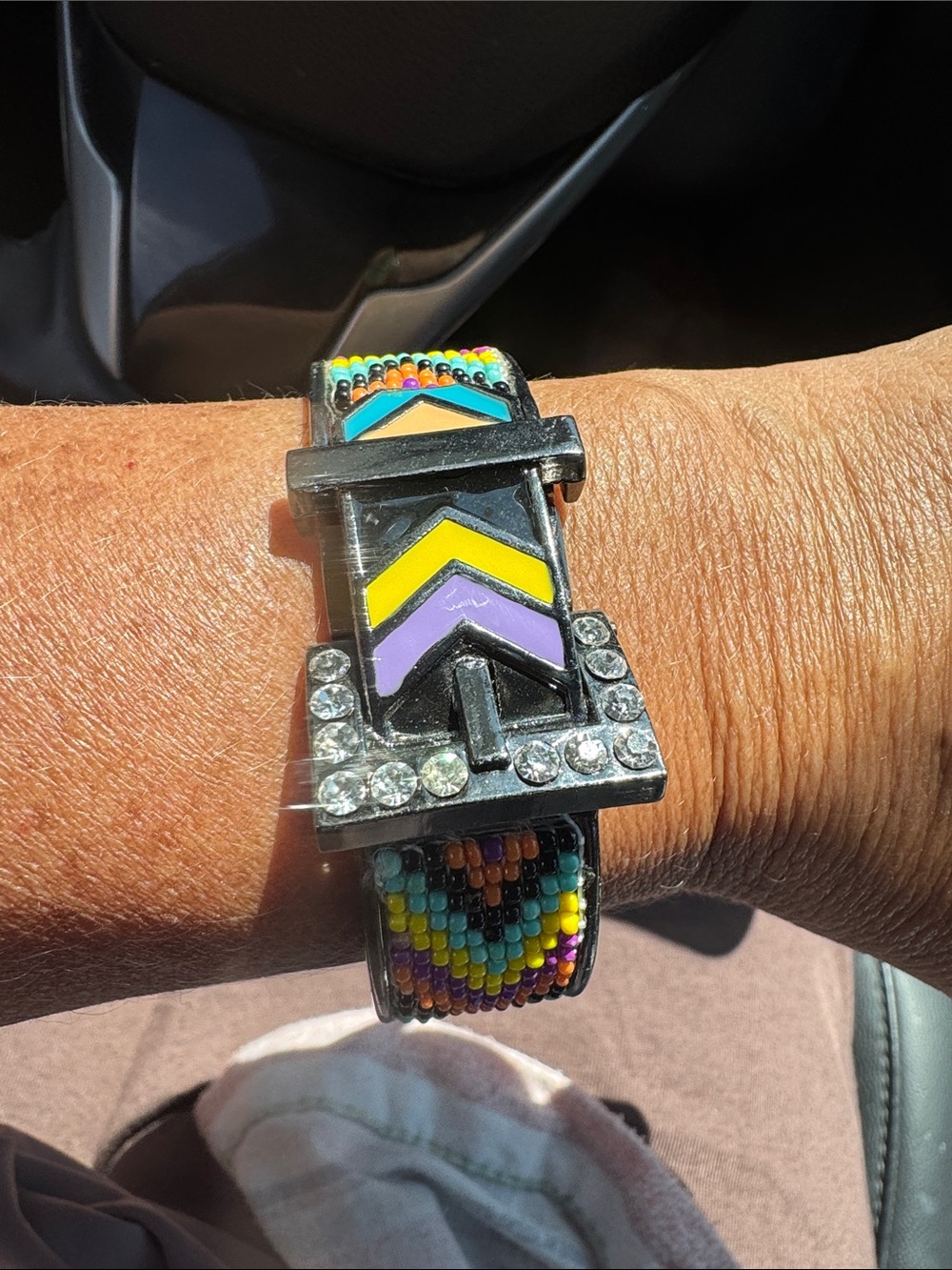 Fashion Jewelry Black Beaded Wristband with Yellow & Purple Chevron Accents